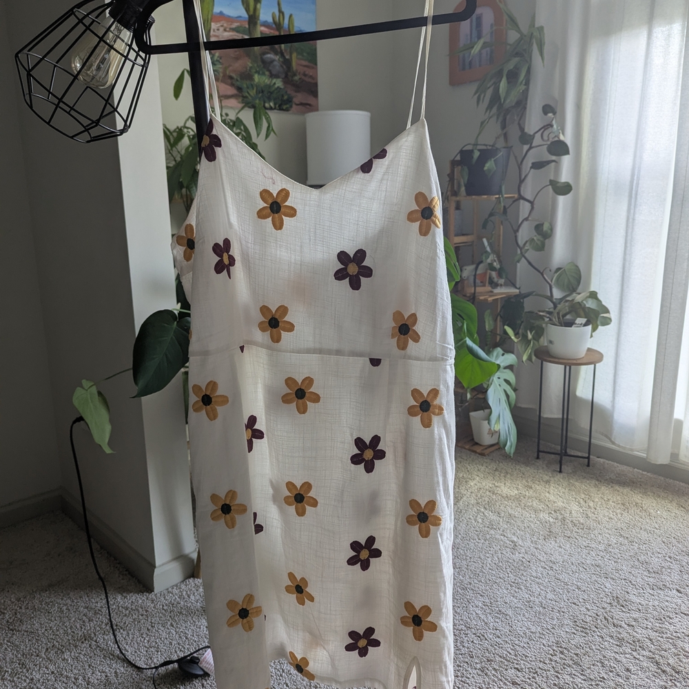 Floral Mini Dress - White with Purple and Gold Flowers